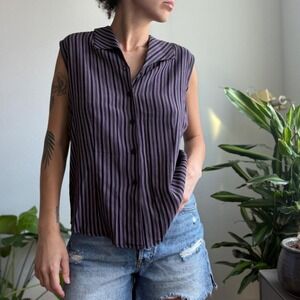 Katherine Bishop Vintage Purple Black Striped Sleeveless Button Up Blouse Large
